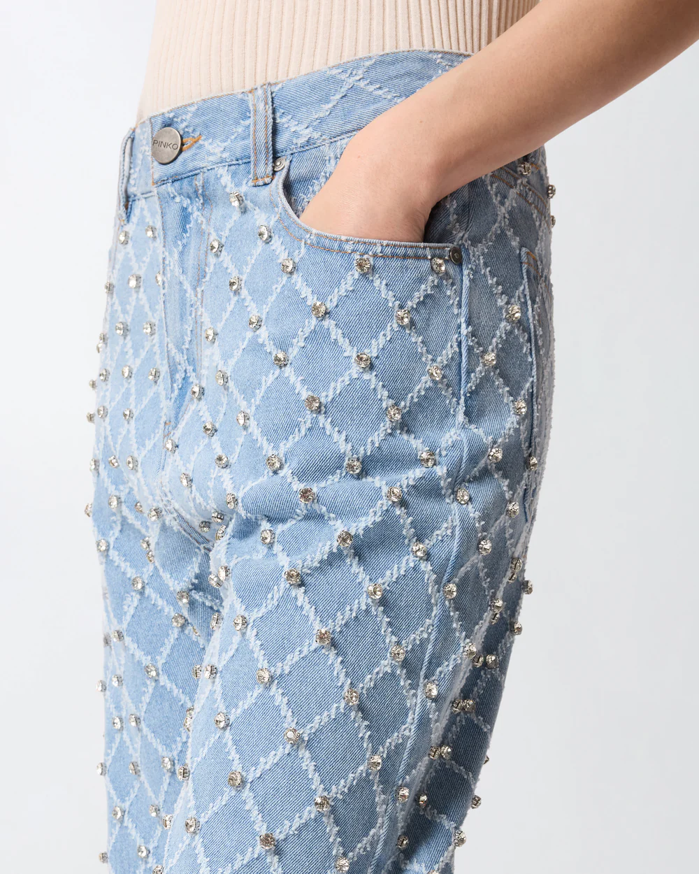 Pinko Pinko Jeans wide leg con disegno rombi e strass — 3/4