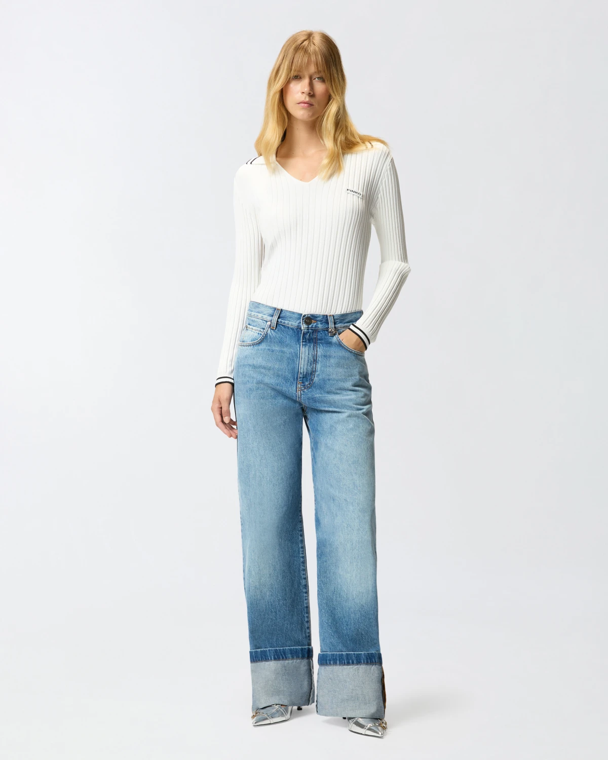 Pinko Pinko WANDA WIDE LEG TURN-UP SEASIDE WASH BLUE — 4/4