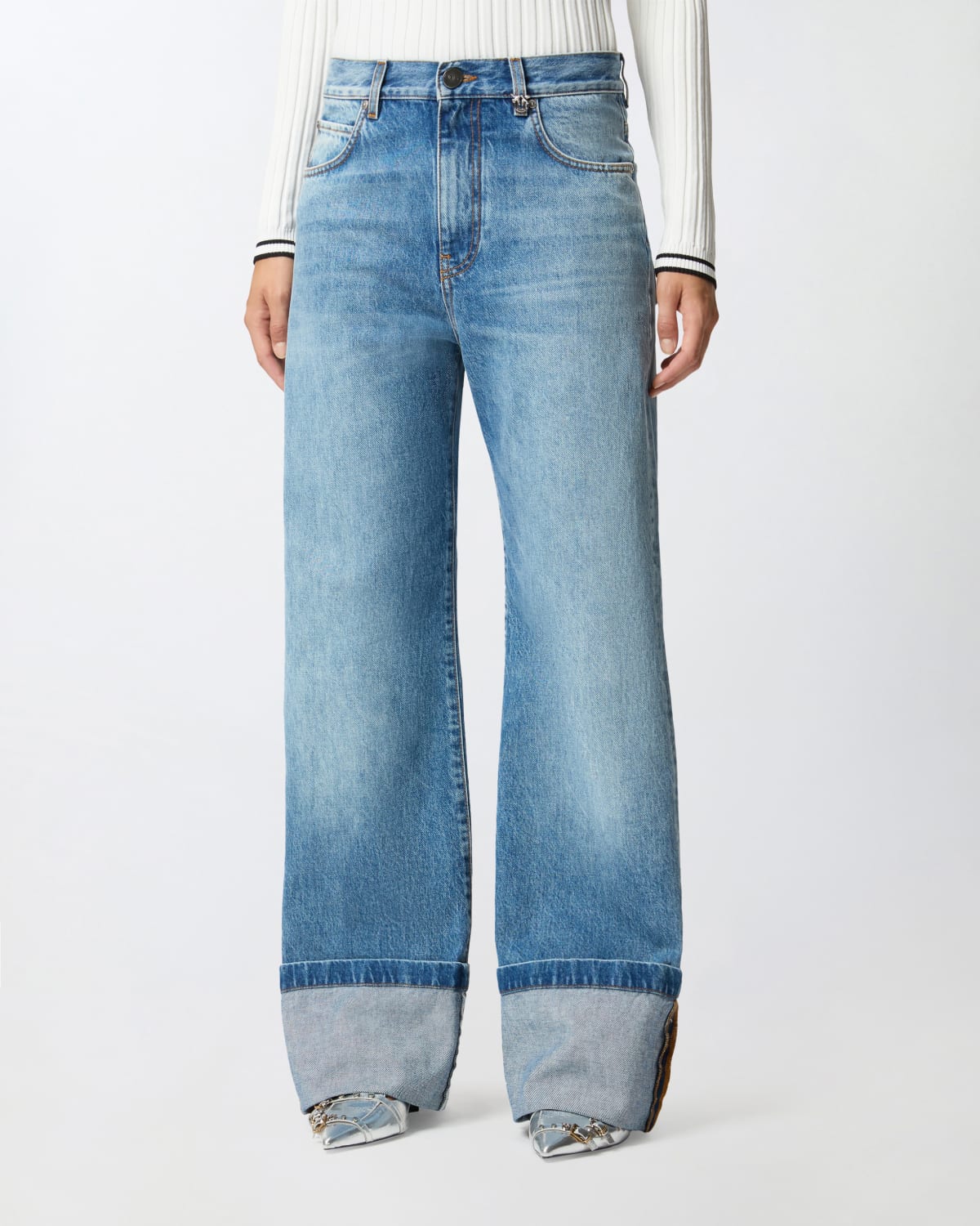 Pinko Pinko WANDA WIDE LEG TURN-UP SEASIDE WASH BLUE — 3/4