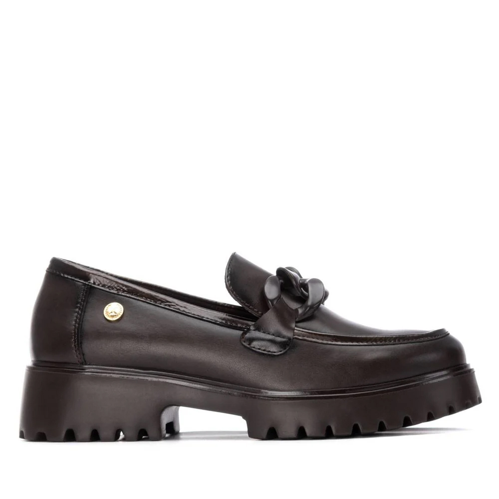 XTI Women's Moccasins Buckle Vegan Leather Brown Winter Rubber Sole